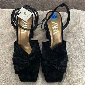 Zara black chunky velvet heels